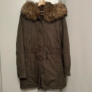 Women’s Parka - olive green fur lined placket and hood